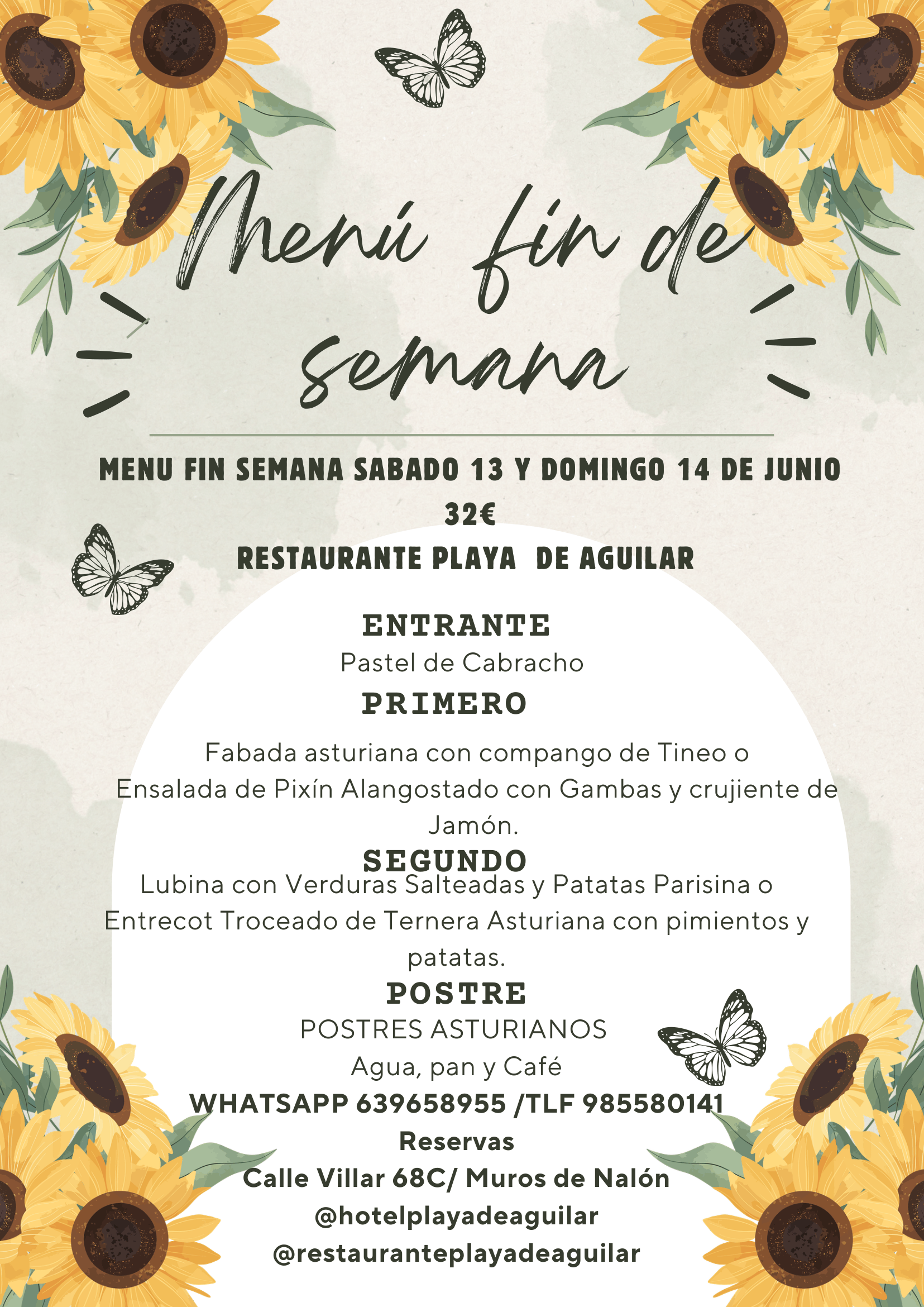 Menú semanal Restaurante Playa de Aguilar